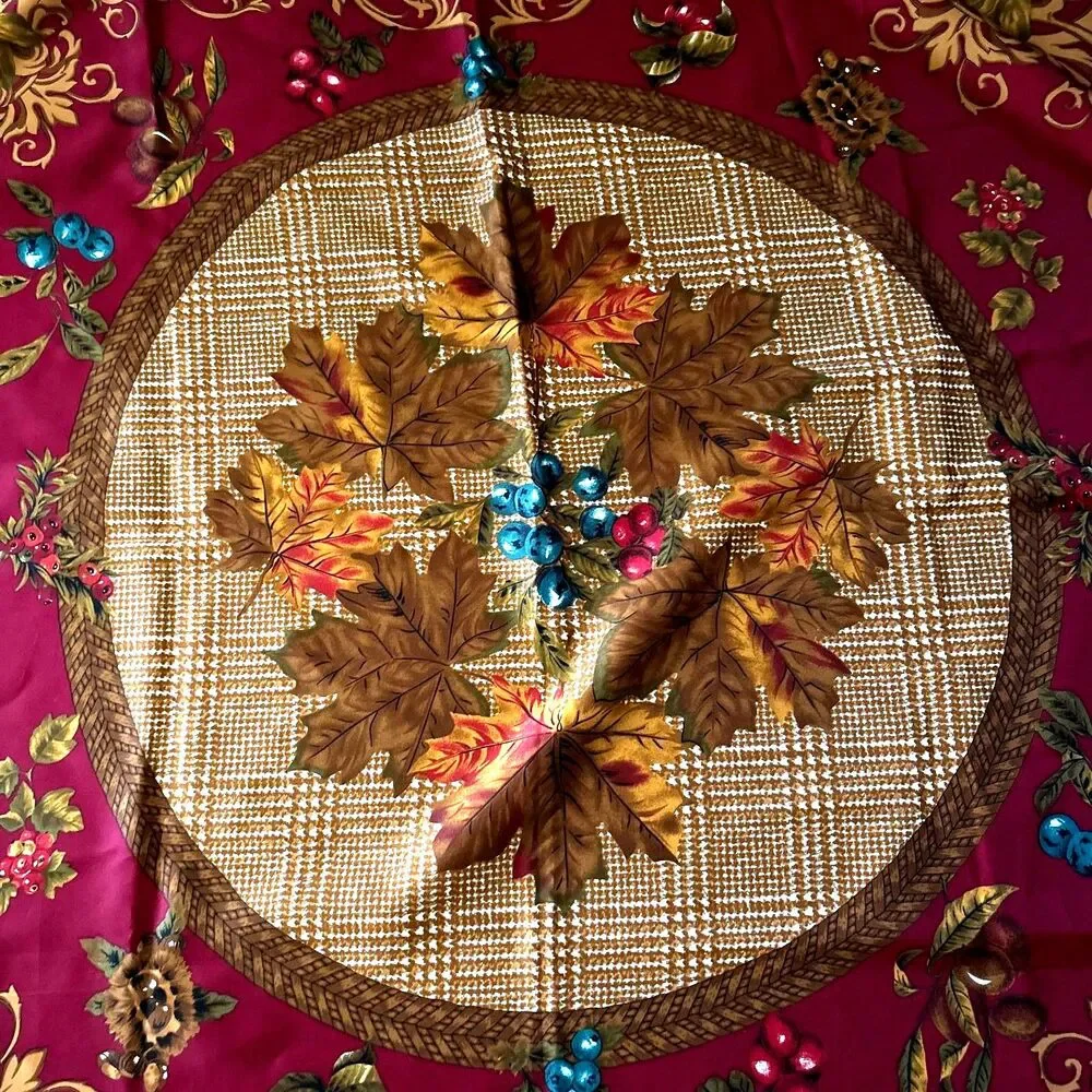 Vintage Fall Silk Scarf 34x34 Burgundy Navy Gold Leaf Plaid Square Women's #22